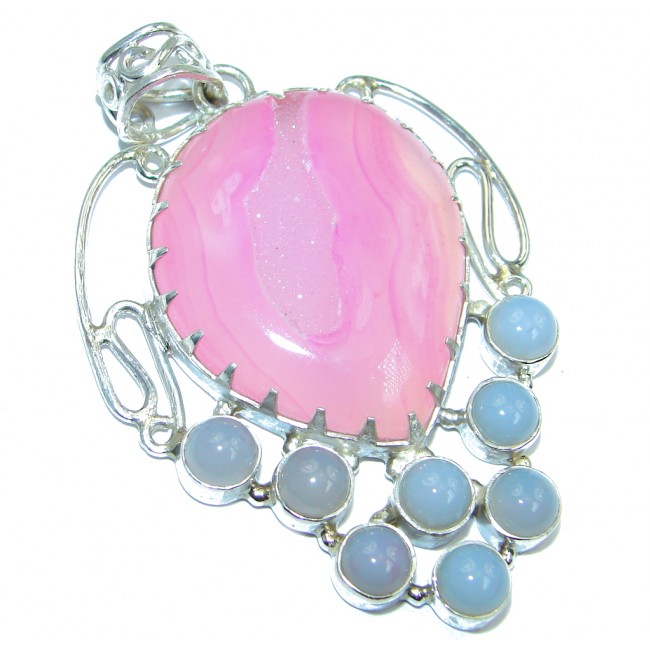 Natural pink color Druzy Agate Sterling Silver handmade Pendant