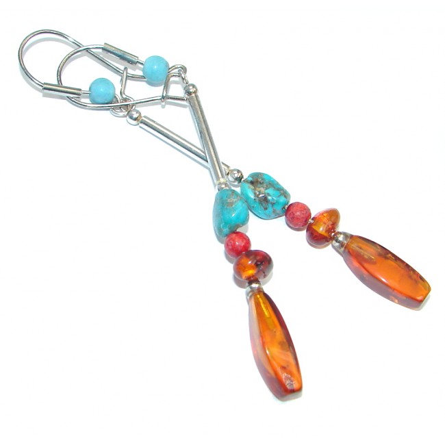 Genuine Long Baltic Polish Amber Turquoise Sterling Silver handcrafted Earrings