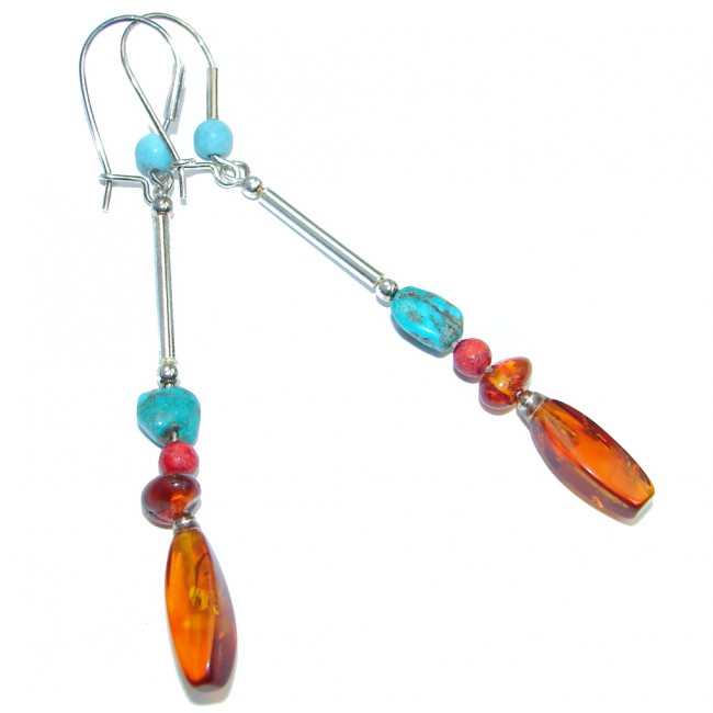 Genuine Long Baltic Polish Amber Turquoise Sterling Silver handcrafted Earrings