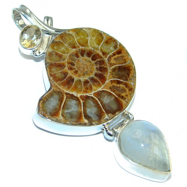 Genuine Ammonite Fossil Moonstone Sterling Silver handmade Pendant