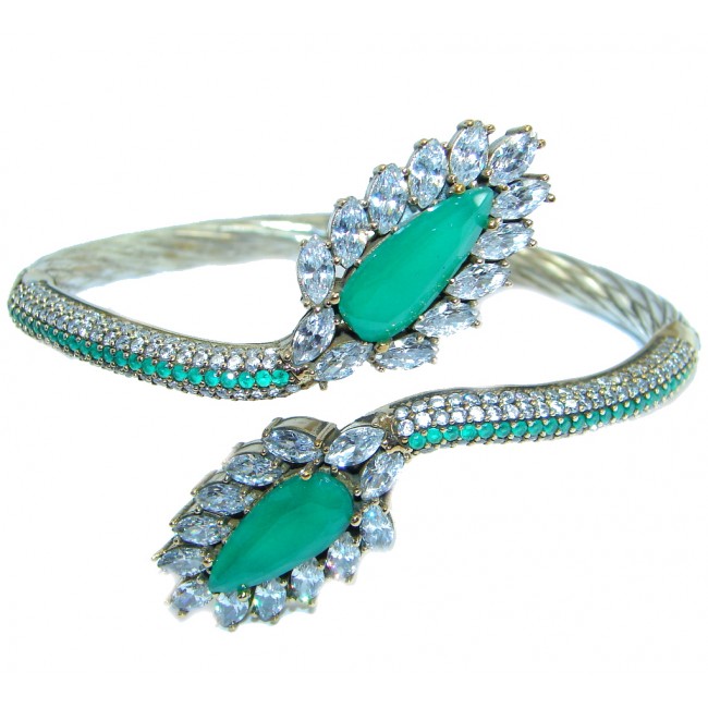 Victorian Style Created Emerald & White Topaz copper covered Sterling Silver Bracelet / Cuff