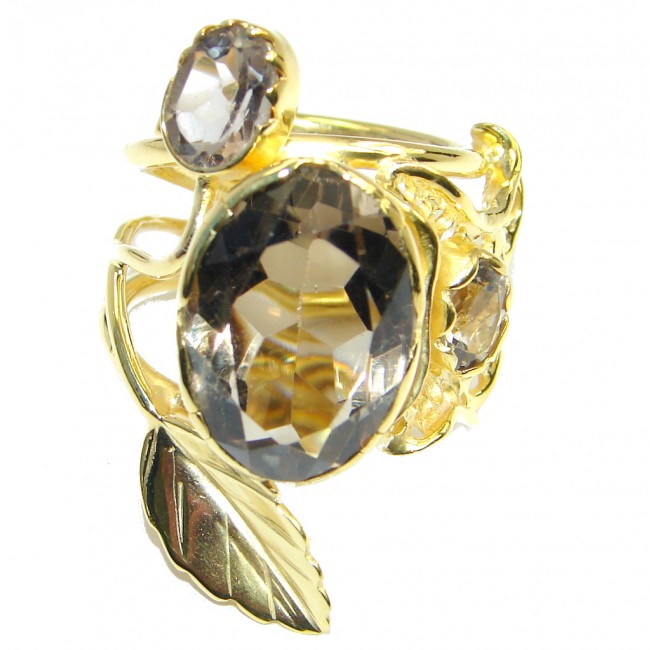 Amazing Genuine Smoky Topaz Gold plated over Sterling Silver ring size 8 adjustable