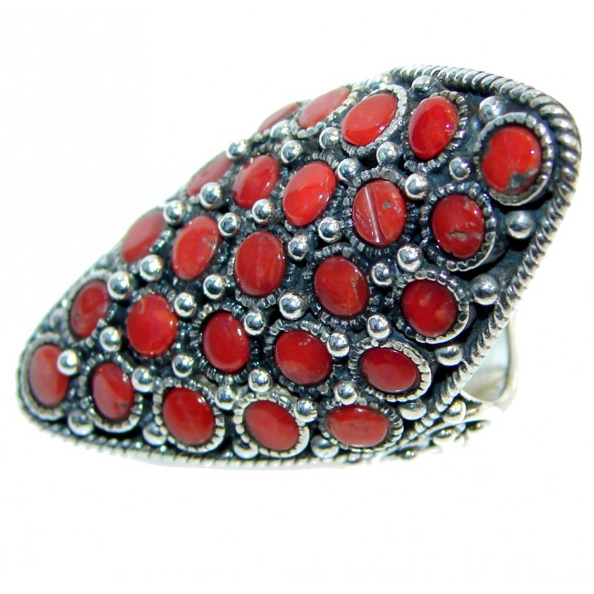 Chic Boho genuine Coral Sterling Silver handcrafted Ring s. 8
