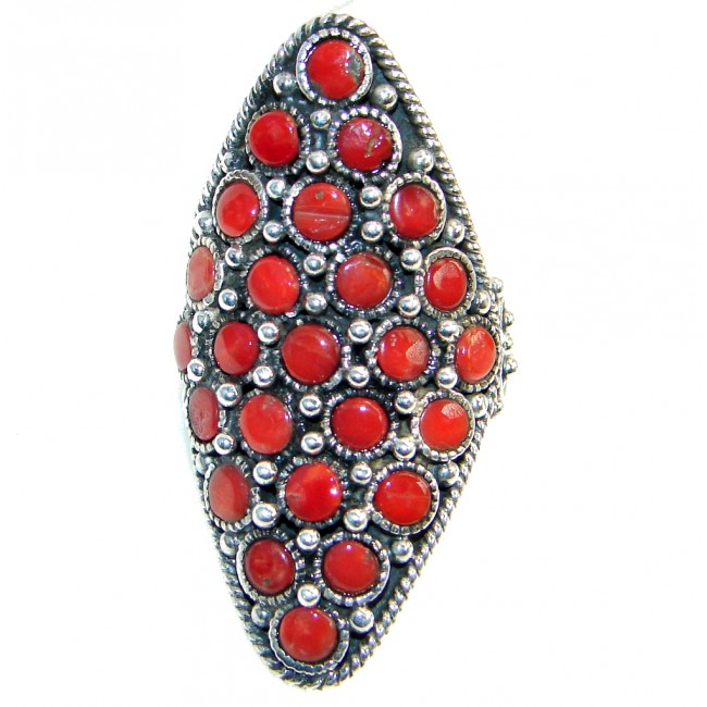 Chic Boho genuine Coral Sterling Silver handcrafted Ring s. 8