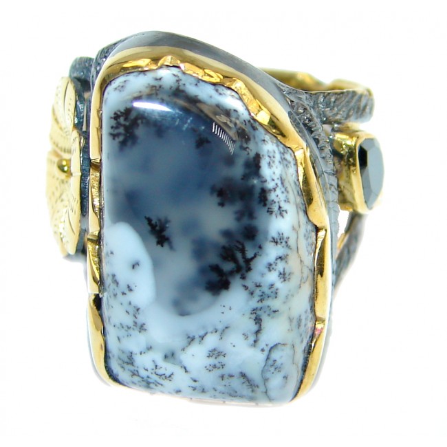 Snow Queen Dendritic Agate Gold Rhodium Plated over Sterling Silver Ring s. 6