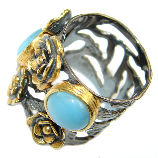 Floral Design Larimar Gold Rhodium plated over Sterling Silver Ring s. 7 3/4
