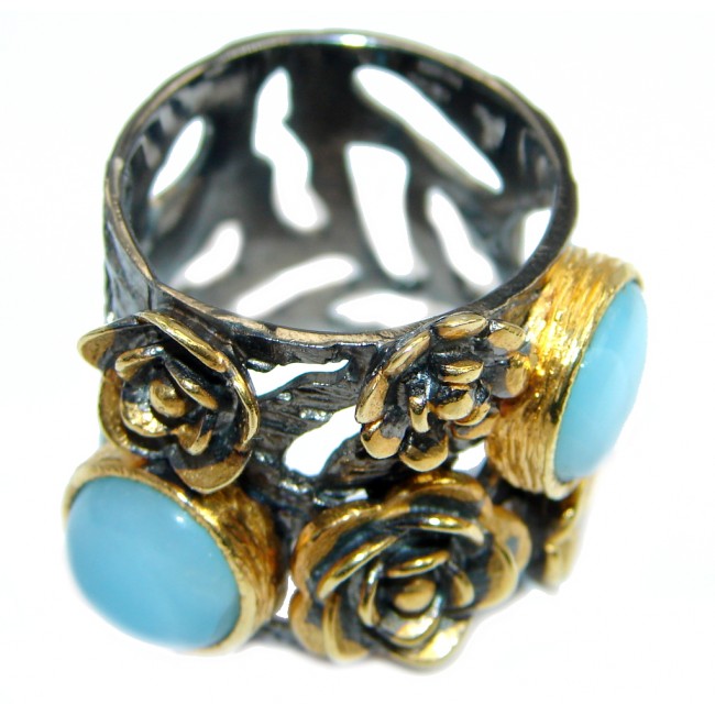 Floral Design Larimar Gold Rhodium plated over Sterling Silver Ring s. 7 3/4