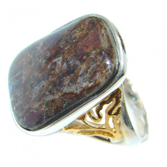 Twilight Zone Fire Genuine Canadian Ammolite Gold plated over .925 Sterling Silver handmade ring size 7 1/2
