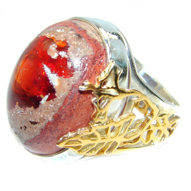 Authentic Mexican Fire Opal Gold plated over .925 Sterling Silver handmade Ring size 7 adjustable