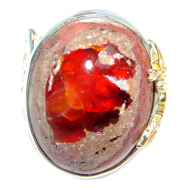 Authentic Mexican Fire Opal Gold plated over .925 Sterling Silver handmade Ring size 7 adjustable