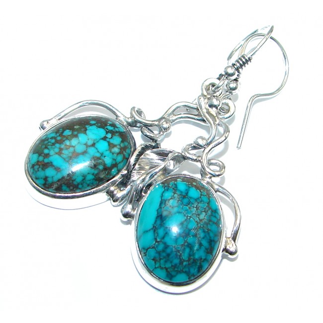 Floral Design Genuine Turquoise oxidized Sterling Silver handmade earrings