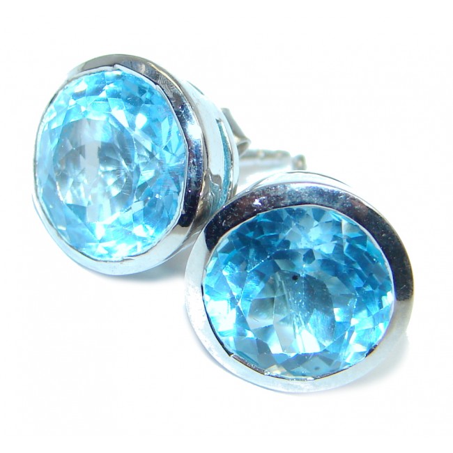 Deluxe genuine Swiss Blue Topaz Sterling Silver stud earrings