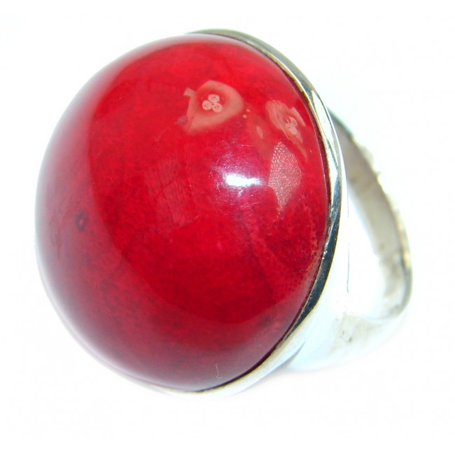 Red Sphere Genuine Coral Sterling Silver handmade Ring size 9