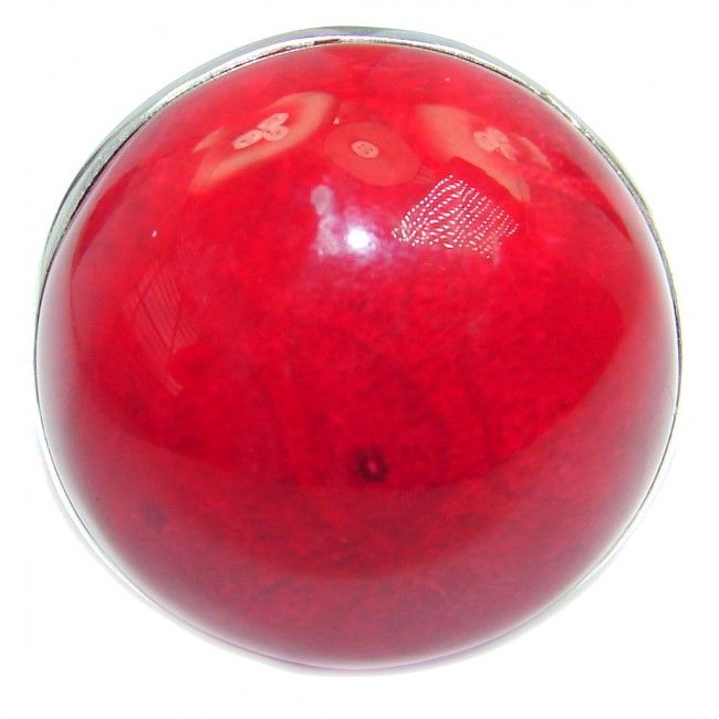 Red Sphere Genuine Coral Sterling Silver handmade Ring size 9