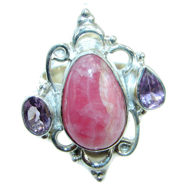 Exotic Rhodochrosite Amethyst Sterling Silver handcrafted Ring s. 9
