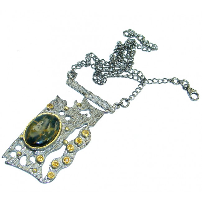 One of the kind Natural Pietersite Citrine Rhodium plated over .925 Sterling Silver handmade necklace