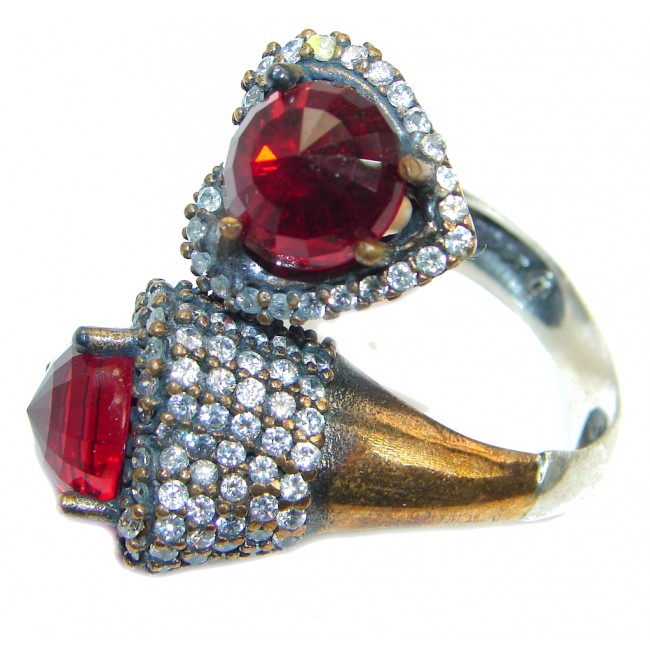 Large Victorian Style created Ruby & White Topaz Sterling Silver ring; s. 8