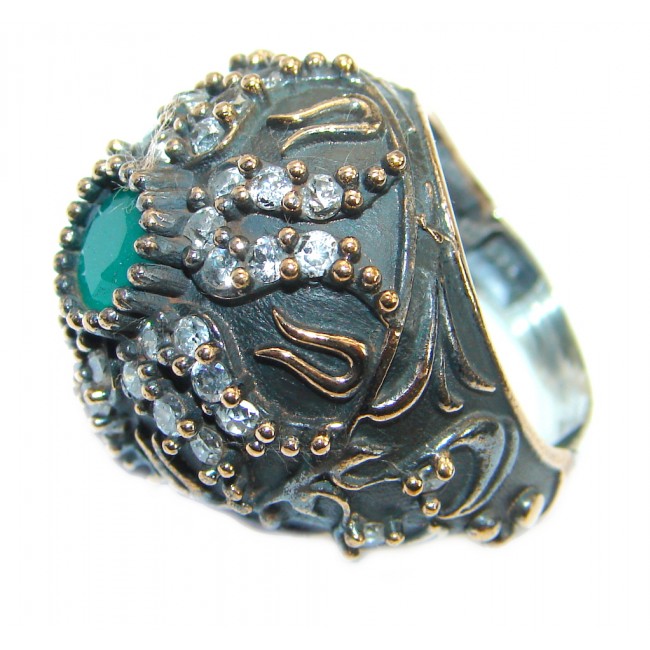 Victorian Style created Emerald & White Topaz Copper over Sterling Silver ring; s. 6