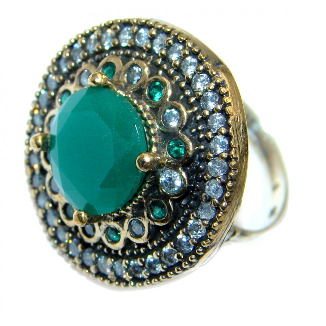 Victorian Style created Emerald & White Topaz Copper over Sterling Silver ring; s. 9