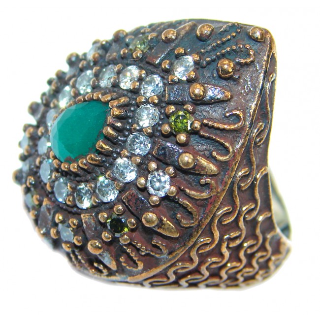 Victorian Style created Emerald & White Topaz Copper over Sterling Silver ring; s. 7 1/4