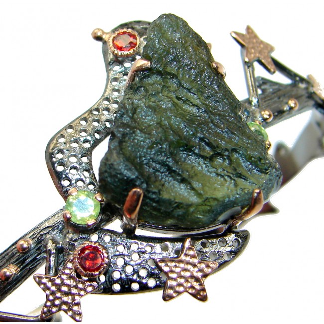 Genuine Green Moldavite Gold Rhodium plated over Sterling Silver Bracelet / Cuff