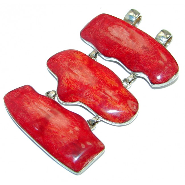 Statement Pendant Red Fossilized Coral .925 Sterling Silver handmade pendant