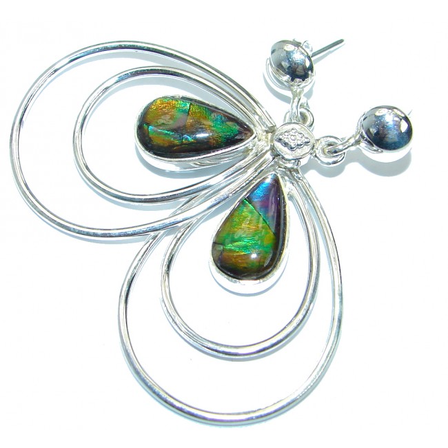 Large Green Aura AAA+Canadian Fire Ammolite Sterling Silver handmade earrings