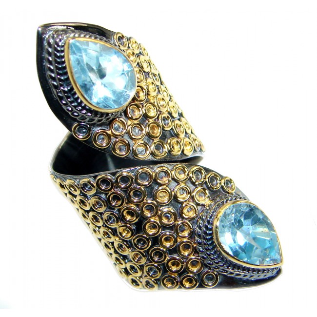 Bold Exotic Blue Topaz Gold plated over .925 Sterling Silver handmade wrap up Ring s. 7 adjustable