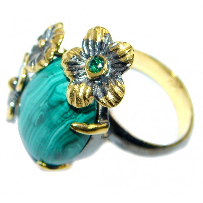 Green Genuine Malachite Gold Rhodium Plated over .925 Sterling Silver Ring s. 6 adjustable