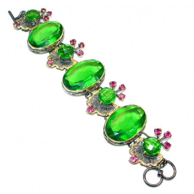 Victorian Style Created Emerald Ruby Gold Rhodium plated over .925 Sterling Silver Bracelet
