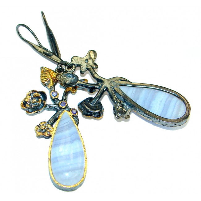 Secret Beauty Blue Lace Agate Sapphire .925 Sterling Silver hook earrings