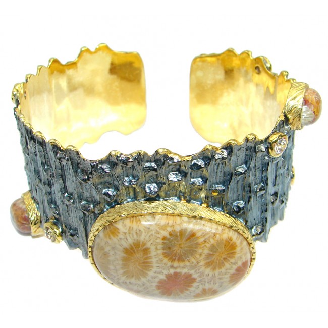 Huge One in the World Natural Fossilized Coral .925 Sterling Silver Bracelet / Cuff