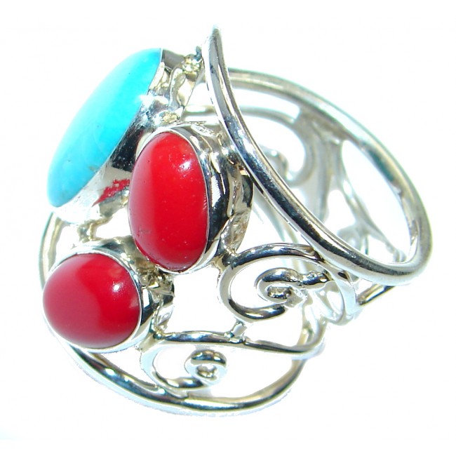Genuine Turquoise Coral Sterling Silver made handcrafted ring size 8