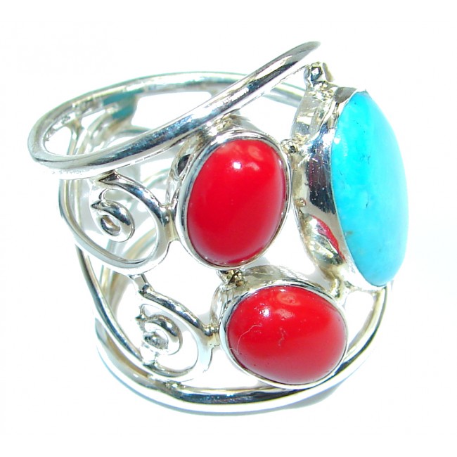 Genuine Turquoise Coral Sterling Silver made handcrafted ring size 8