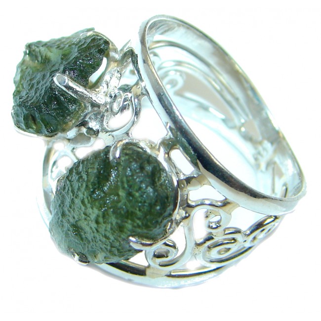 Large genuine Green Moldavite .925 Sterling Silver Ring size 10