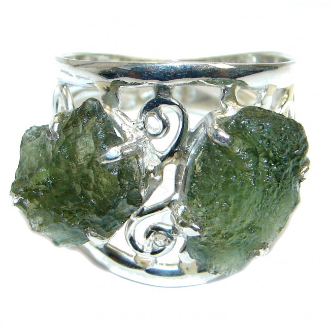 Large genuine Green Moldavite .925 Sterling Silver Ring size 10