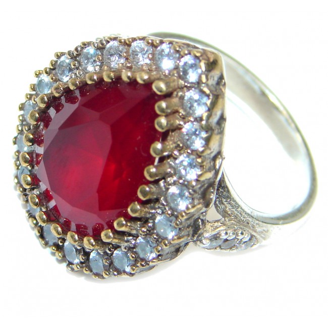 Large Victorian Style created Ruby & White Topaz Sterling Silver ring; s. 8 1/2