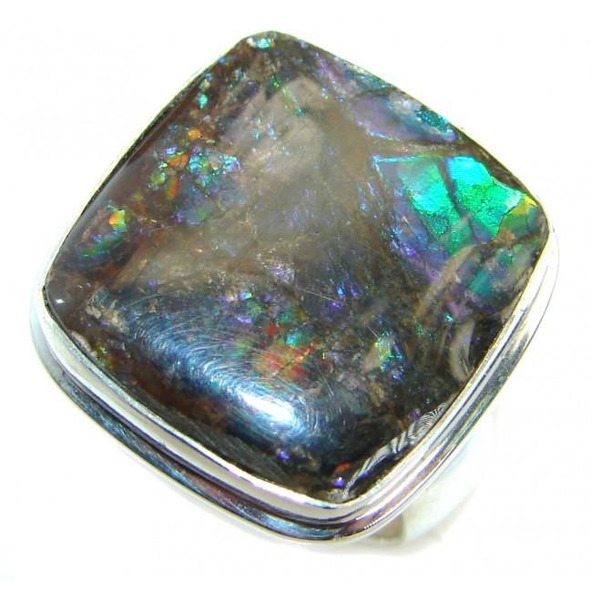 Twilight Zone Fire Genuine Canadian Ammolite .925 Sterling Silver handmade ring size 7 adjustable