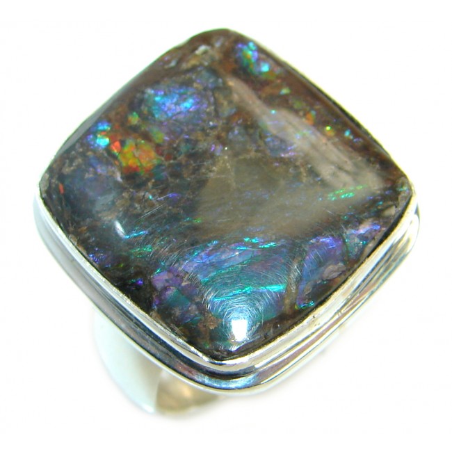 Twilight Zone Fire Genuine Canadian Ammolite .925 Sterling Silver handmade ring size 7 adjustable