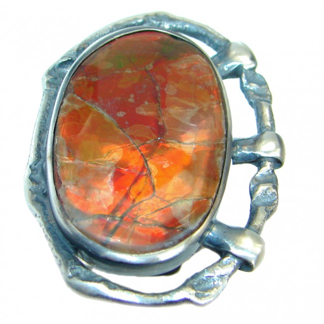 Twilight Zone Fire Genuine Canadian Ammolite .925 Sterling Silver handmade ring size 8 adjustable