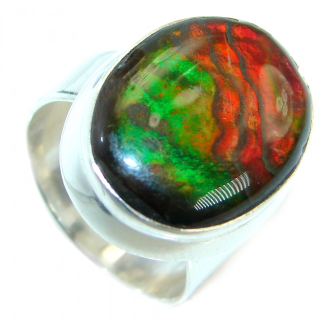 Pure Energy Fire Genuine Canadian Ammolite .925 Sterling Silver handmade ring size 7 adjustable