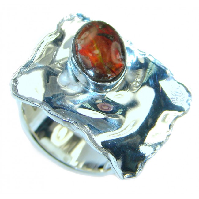 Unisex Rainbow Fire Ammolite hammered .925 Sterling Silver ring s. 6