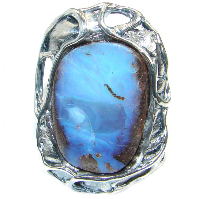 Jumbo Classic Boulder Opal oxidized .925 Sterling Silver handcrafted Cokctail ring size 8 adjustable