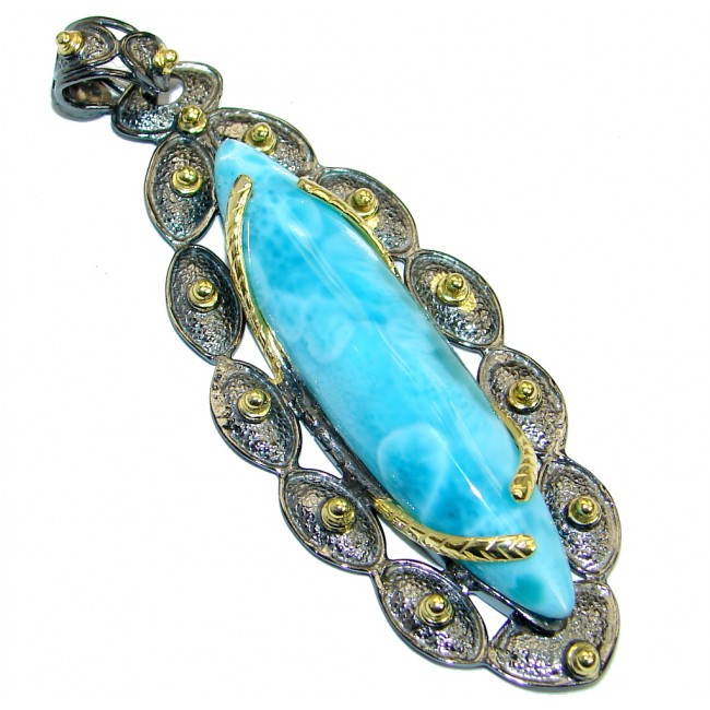 One of the kind Sublime Larimar Gold Rhodium plated over .925 Sterling Silver handmade pendant
