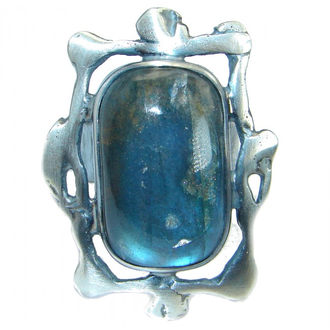 Blue Fire Labradorite .925 Sterling Silver handmade ring size 7 adjustable