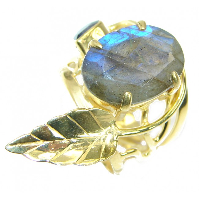 Blue Fire Labradorite Gold plated over .925 Sterling Silver handmade ring size 7 adjustable