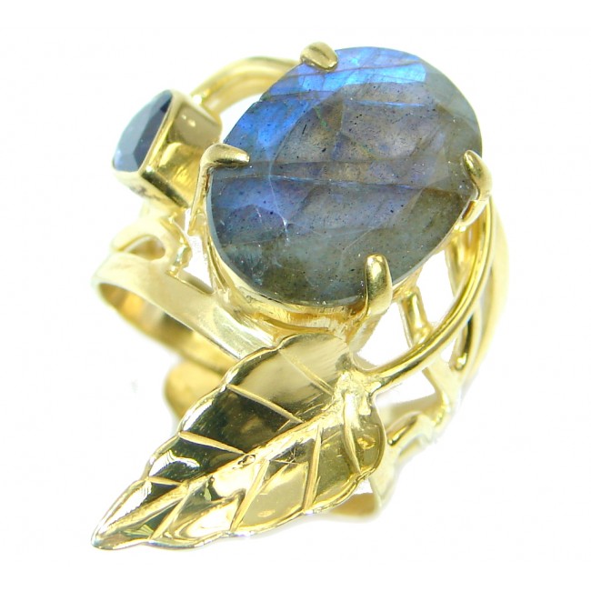 Blue Fire Labradorite Gold plated over .925 Sterling Silver handmade ring size 7 adjustable