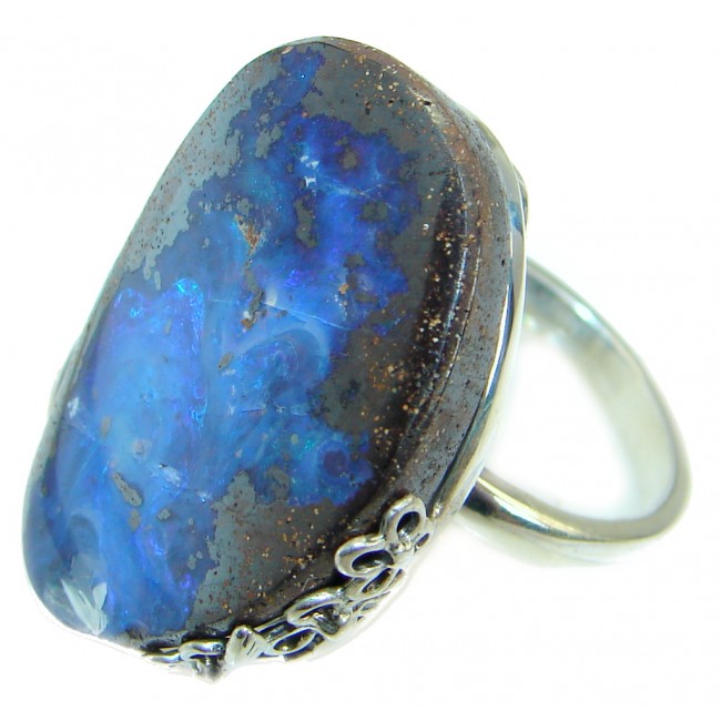 Classic Boulder Opal oxidized .925 Sterling Silver handcrafted ring size 8 adjustable