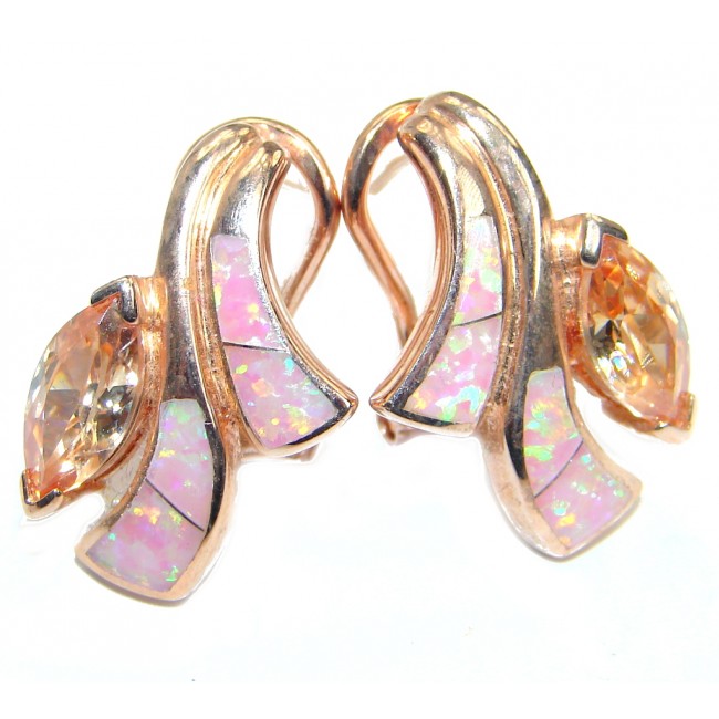 Luxury Lab. Peach Japanese Fire Opal lab. Morganite .925 Sterling Silver handmade earrings