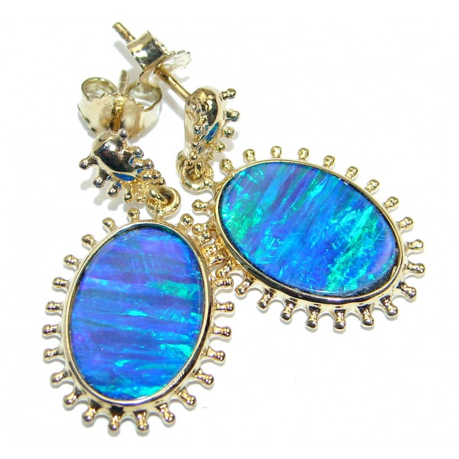 Luxury Lab. Blue Japanese Fire Opal Gold plated over .925 Sterling Silver handmade earrings